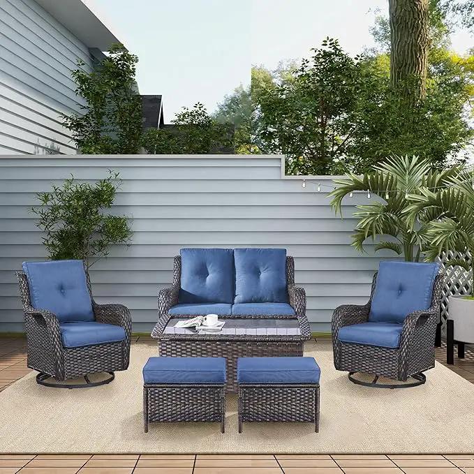 Wicker Outdoor Furniture Patio Furniture Set - 6 Piece Patio Conversation Set with Swivel Rocker Chairs, Loveseat Sofa, Ottomans and Coffee Table, Blue Cushion by GreenHaven Gardens