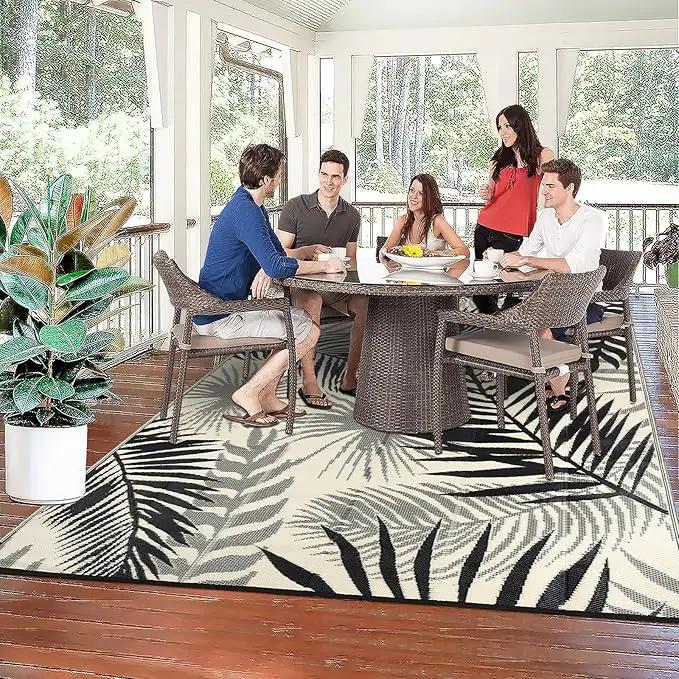 Outdoor Rug Waterproof for Patios Clearance, Reversible Outdoor Plastic Straw Rug Camping Carpet, Outside Floor Mats Large Area Rugs for RV,Patio,Deck,Porch,Beach, Balcony，8'x10',Black&Beige by GreenHaven Gardens
