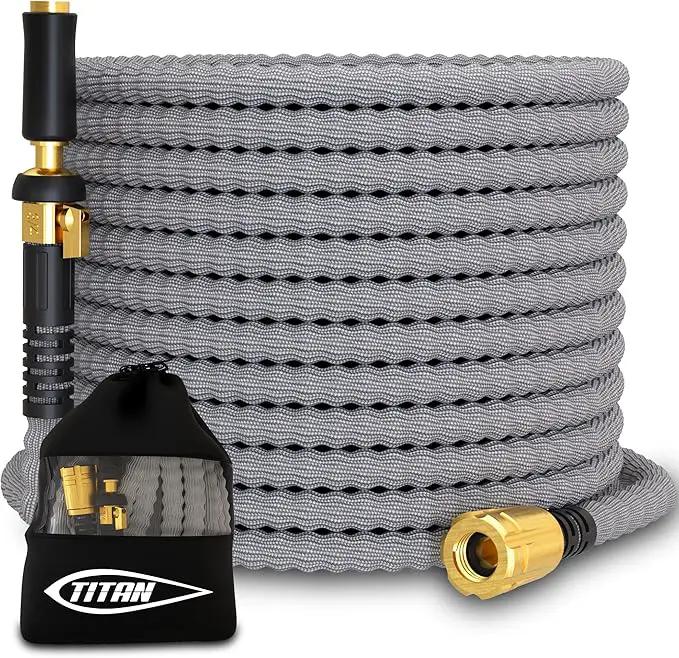 TITAN Flexible Garden Hose 15FT – Ultra Lightweight, Heavy Duty Water Hose with Brass Fittings & Jet Nozzle – Kink-Free, Non-Expanding, Durable Fabric Hose for Yard, Lawn, Car Wash, Outdoor Use by GreenHaven Gardens