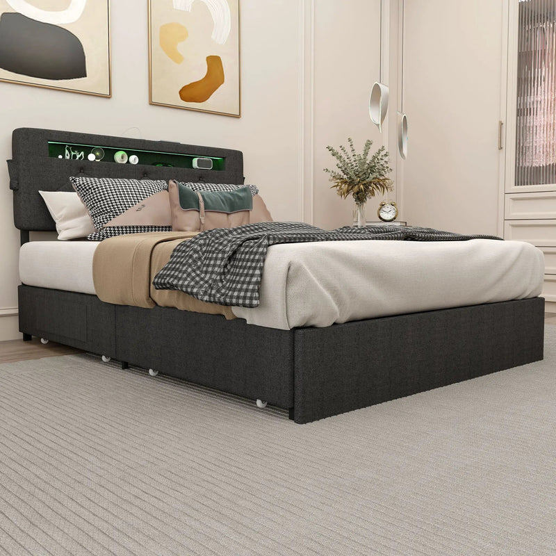 Bed With USB Charging Station, LED Lights, Headboard & Storage Drawers by Unique Piece Furniture