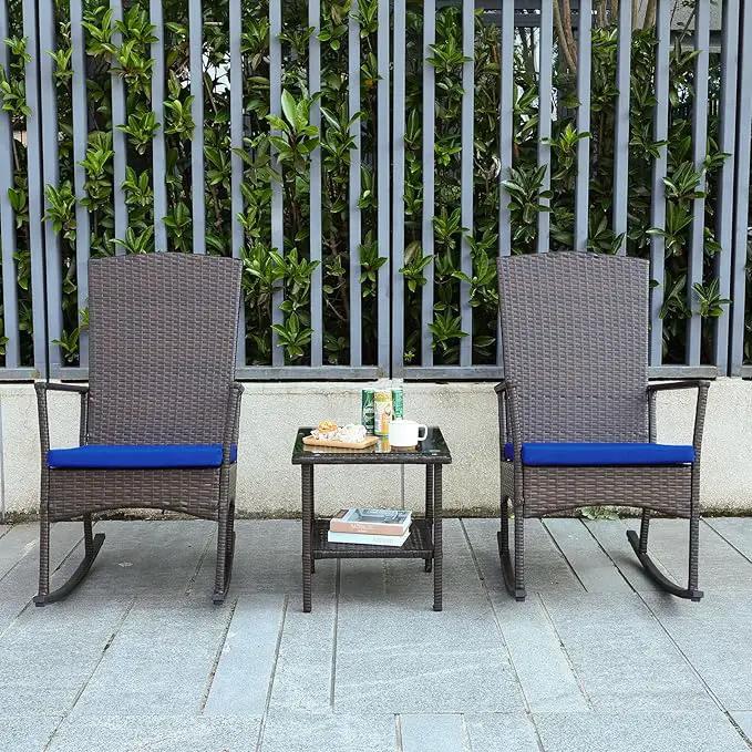Outdoor Rocking Chairs Set - 3 High-Backed Patio Rockers with Bistro Table & Anti-Slip Cushions, Dark Blue by GreenHaven Gardens