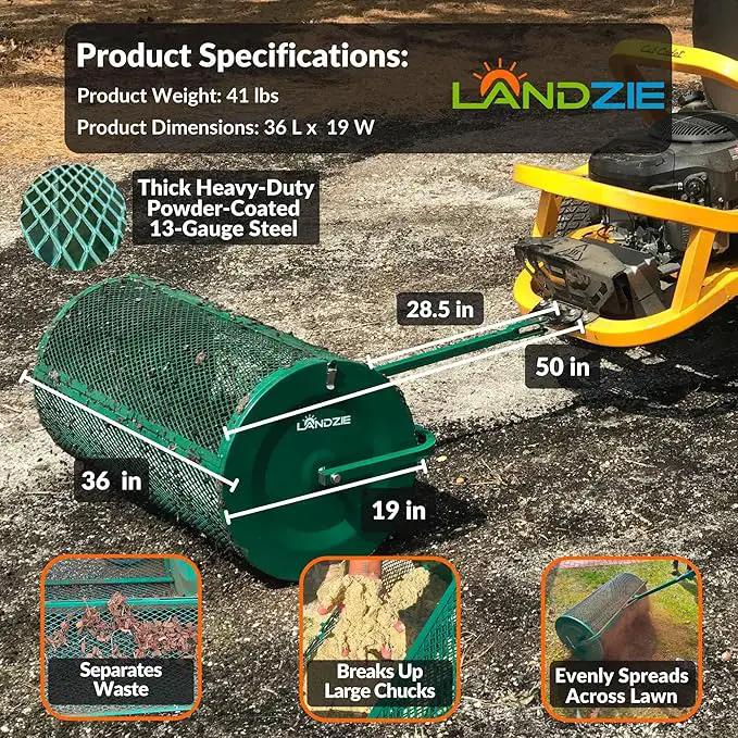LANDZIE Lawn & Garden Spreaders - 36 Inch Heavy Duty Metal Mesh Basket Push/Tow Spreader - Compost, Peat Moss, Top Soil, Mulch - Durable Lightweight Multi-Purpose Yard Care Equipment - Manure Spreader by GreenHaven Gardens