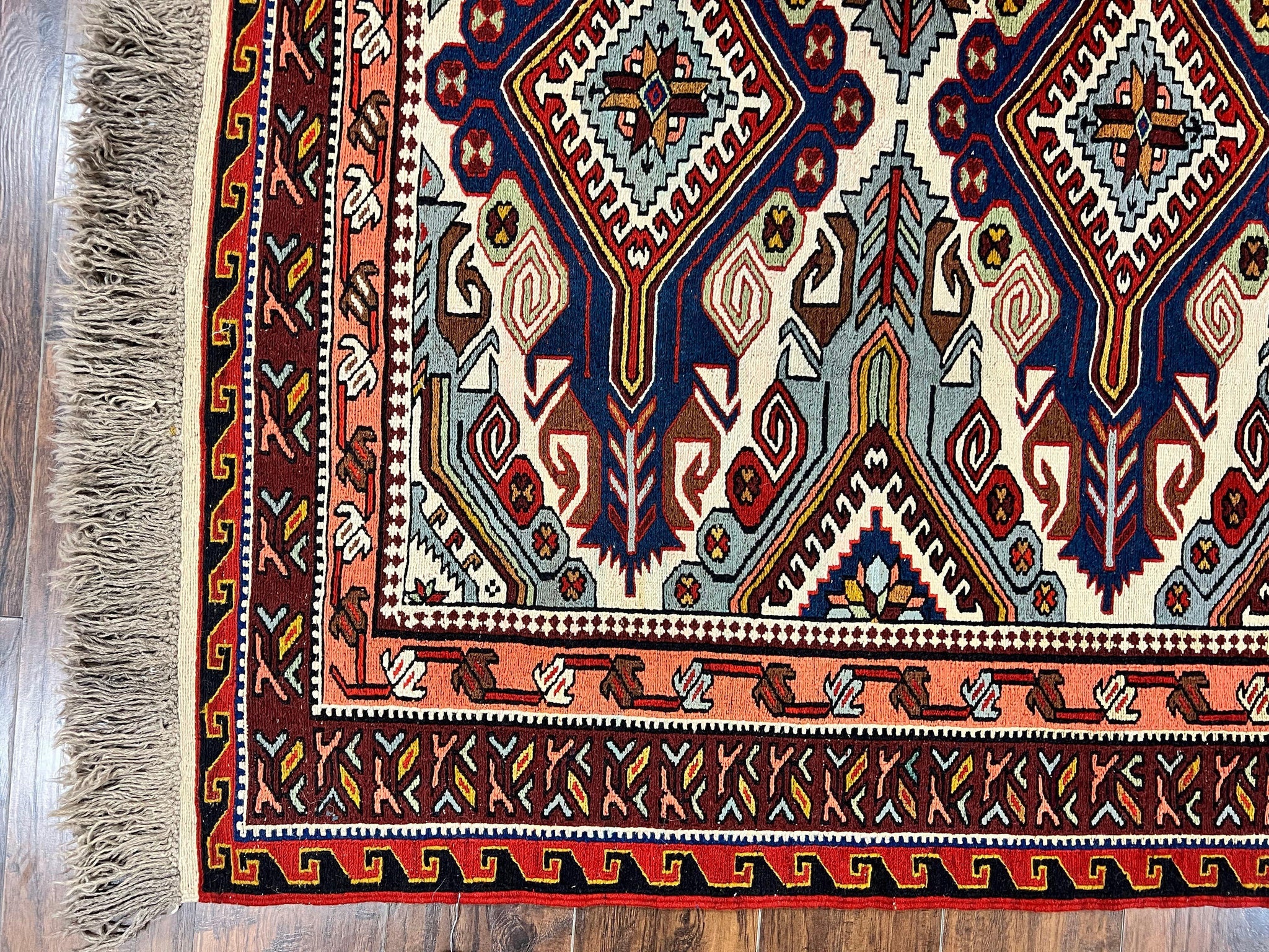 Russian Soumak Rug 6x8, Wool Handmade Antique Kilim Carpet, Multicolor 6 x 8 Geometric Medallions Caucasian Rug, Medium Size by Jewel Rugs