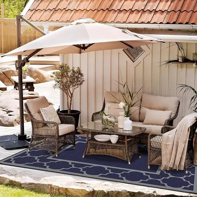 GENIMO 6' x 9' Outdoor Rug Waterproof for Patio Decor, Foldable Reversible Plastic Straw Area Rugs Mat for Camper, Outside Carpet for Rv, Deck, Porch, Picnic, Beach, Balcony, Blue & Grey by GreenHaven Gardens