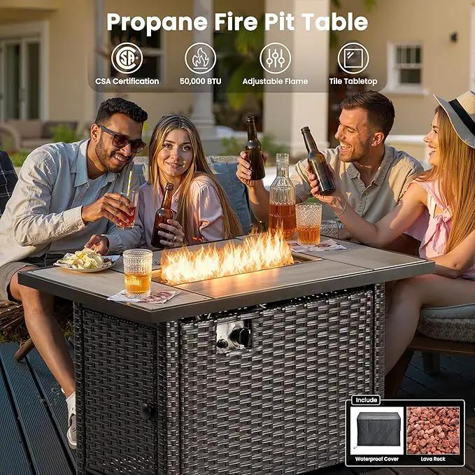 ovios 5 Pieces Patio Furniture Set with 42" Fire Pit Table, Outdoor Wicker Sofa with Loveseat, Comfy Cushions, High Back Couch Conversation Set, Brown Rattan, Beige by GreenHaven Gardens