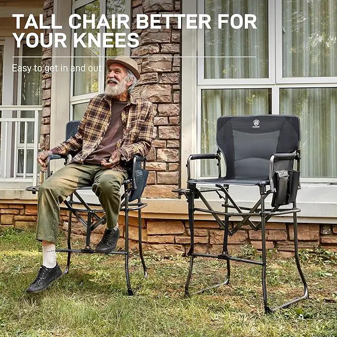 EVER ADVANCED Portable 30.7" Seat Height Tall Folding Camping Chair Directors Chair High Foldable Bar Stool with Side Table for Makeup Artist, Sports Event, Craft Show, Supports 350LBS Grey by GreenHaven Gardens
