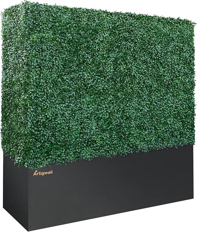 Artificial Boxwood Hedge Divider Wall with Black 201 Stainless Steel Planter Box (60" L X 48" H X 14" D) by GreenHaven Gardens