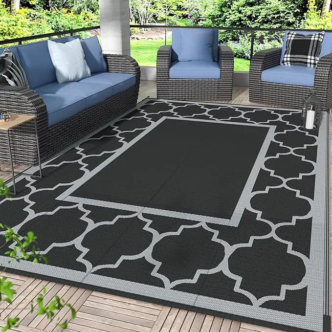 GENIMO 6' x 9' Outdoor Rug Waterproof for Patio Decor, Foldable Reversible Plastic Straw Area Rugs Mat for Camper, Outside Carpet for Rv, Deck, Porch, Picnic, Beach, Balcony, Black & Grey by GreenHaven Gardens