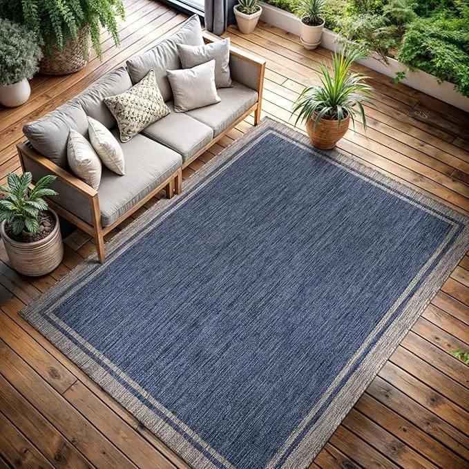 CAMILSON Outdoor Rug, 6x9 Bordered Navy Blue Gray Modern Area Rugs for Indoor and Outdoor Patios, Porches Waterproof Washable Porch Deck Outside Carpet (Bordered Navy, 6 x 9) by GreenHaven Gardens