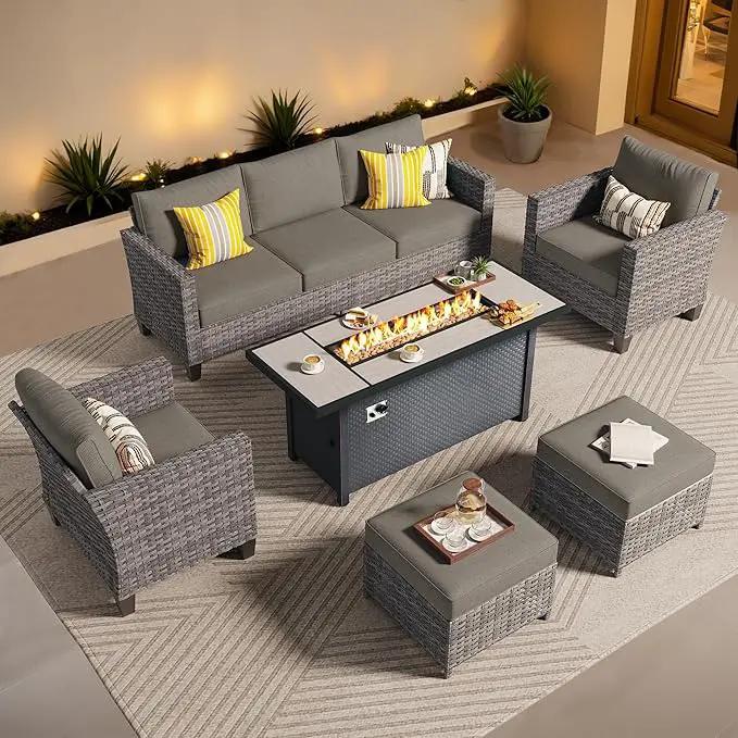 ovios 6 Pieces Patio Furniture Set with 54" Fire Pit Table, Outdoor Wicker Sofa with Comfy Cushions, All Weather High Back Rattan Couch Conversation Set, Dark Grey by GreenHaven Gardens