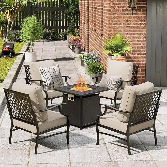 Patio Furniture Set with Fire Pit Table, 5 Pcs Metal Outdoor Conversation Set, 4 Single Chairs with 5.75" Extra Thick Cushion and 28" Fire Pit Table for Backyard Deck, Beige by GreenHaven Gardens