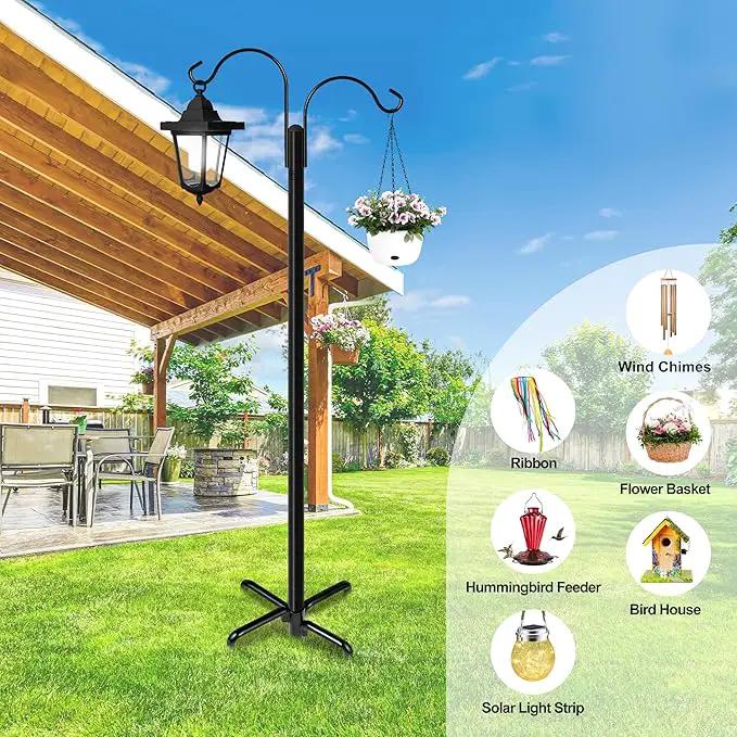 Ottsuls Double Shepherds Hooks for Outdoor, 92 Inch Bird Feeder Pole with 5 Prong Base, Upgrade 1 INCH Thick Heavy Duty Planter Hook for Hanging Baskets, Lantern,1 Pack by GreenHaven Gardens