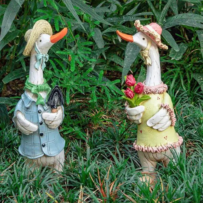 Garden Statues Couple Duck, Funny Cartoon Duck Garden Statues Indoor Outdoor Decorations Cute Ducks Art Décor Goose for Yard Home Garden Patio and Office (2- Pack) by GreenHaven Gardens