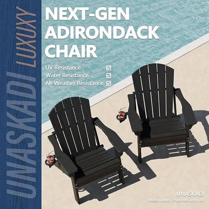 Folding Adirondack Chair Set of 4 with Cup Holder, HDPE All Weather Resistant Plastic Outdoor Patio Chairs, Heavy Duty Fire Pit Seating for Backyard Lawn Garden, Wooden Textured Design(Black) by GreenHaven Gardens