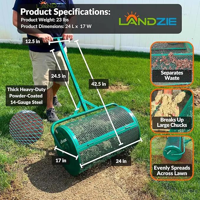 LANDZIE - The Original 24 Inch Compost and Peat Moss Spreader Roller - Top Soil, Sand, Manure, Mulch, Top Dressing Lawn and Garden Spreader by GreenHaven Gardens