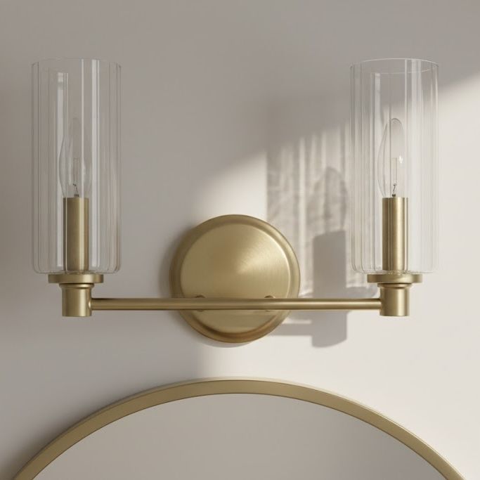 Regal Double Light Vanity With Clear Ribbed Satin - Antique Brass / Clear, photo 7 of 12