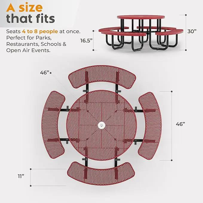Metal Picnic Tables for Outdoors with Umbrella Hole - Coated Steel Heavy Duty Commercial Grade Table with Adjustable Seats (Red, 46 in, Round, Expanded Steel) by GreenHaven Gardens