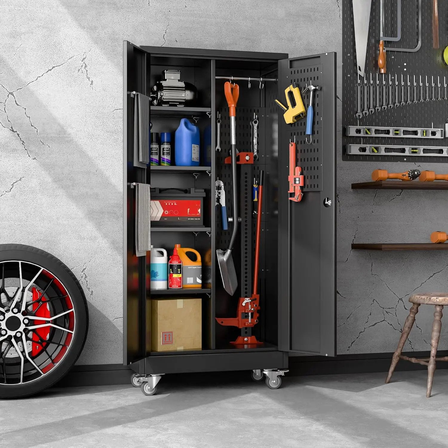 Garage Storage Cabinet with Wheels, 61.7" H Broom Closet Storage Cabinet with Hanging Rod, 5 Pegboard and 13 Hooks, Metal Cabinets with Locking Doors and 4 Shelves, Black by GreenHaven Gardens