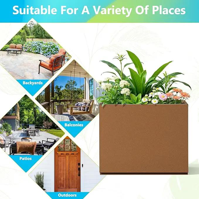 FENCY Metal Planter Box, Large Rectangular Planters for Outdoor Plants, Outdoor Tall Planters with Drainage Holes, Brown Metal Planters (30" L x 12" W x 24" H) by GreenHaven Gardens