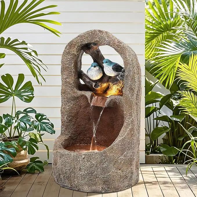 27" Outdoor Water Fountain with LED Lights,2-Tier Bird Natural Zen Garden Fountain, Relaxing Waterfall Floor, Yard, Porch or Deck Decor, Whether-Resistant, Faux Granite Texture by GreenHaven Gardens