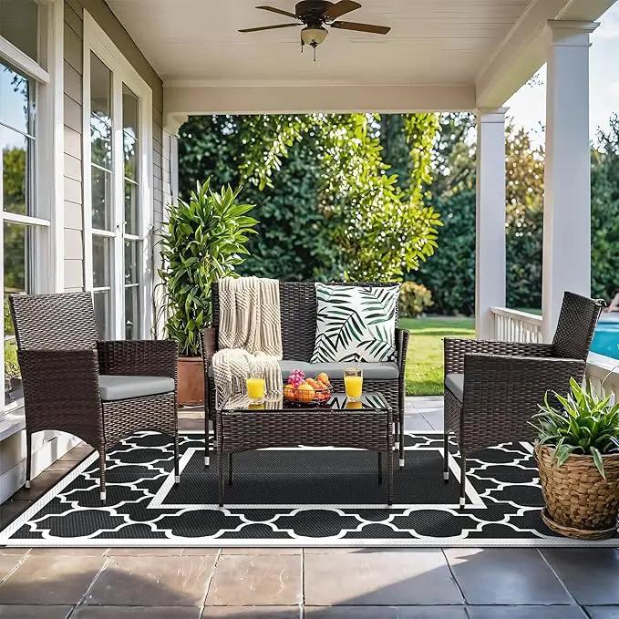 GENIMO 5' x 8' Outdoor Rug Waterproof for Patio Decor, Foldable Reversible Plastic Straw Area Rugs Mat for Camper, Outside Carpet for Rv, Deck, Porch, Picnic, Beach, Balcony, Black & White by GreenHaven Gardens