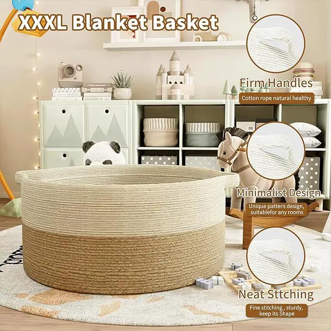 125L Extra Large Blanket Basket, 25" x 16", Jumbo Laundry Woven Baskets Decorative Home, Cotton Rope Basket with Handles, Baby Toy Baskets for Storage, White & Brown,2PC by GreenHaven Gardens