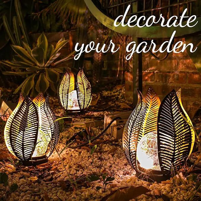 Solar Garden Lights Waterproof Decorations,Crackle Globe Glass,Metal Palm Leaf Solar Lights for Outdoor Decor On Garden,Patio,Yard,Front Porch,Tabletop Lamp-Perfect Gifts by GreenHaven Gardens