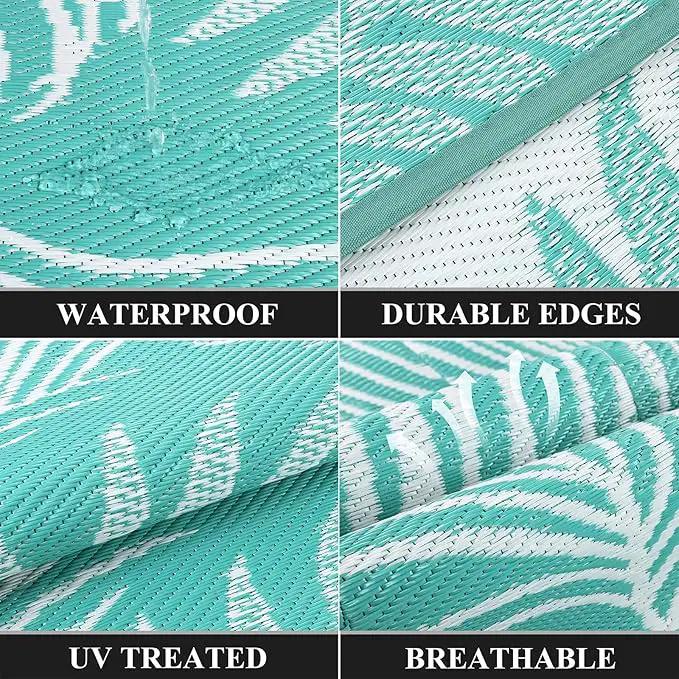 Pauwer Waterproof Outdoor Rug 8x10, Reversible Plastic Straw Patio Camping Rug, Indoor Outdoor RV Mat Carpet for Deck, Camper, Porch, Balcony, Backyard, Picnic, Leaf Light Blue by GreenHaven Gardens