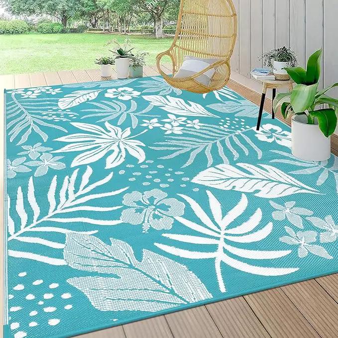 Pauwer Waterproof Outdoor Rug 8x10, Reversible Plastic Straw Patio Camping Rug, Indoor Outdoor RV Mat Carpet for Deck, Camper, Porch, Balcony, Backyard, Picnic, Floral Teal by GreenHaven Gardens