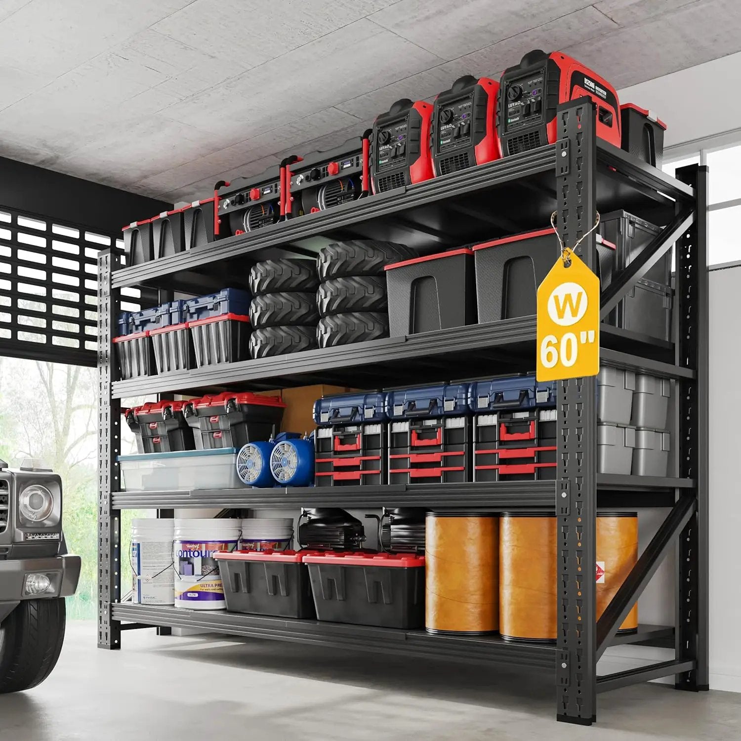 5000LBS Metal Steel Storage Shelves - 60" W Black 4 Tier Heavy Duty Rack Commercial Industrial Shelving with Adjustable Shelf for Basement Garage Warehouse - 60" W x 24" D x 70" H by GreenHaven Gardens