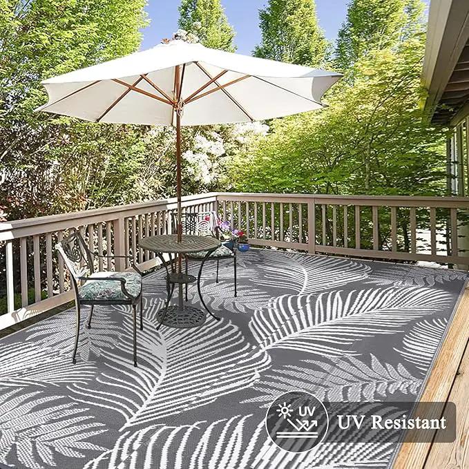 Pauwer Waterproof Outdoor Rug 9x12, Reversible Plastic Straw Patio Camping Rug, Indoor Outdoor RV Mat Carpet for Deck, Camper, Porch, Balcony, Backyard, Picnic, Leaf Grey by GreenHaven Gardens