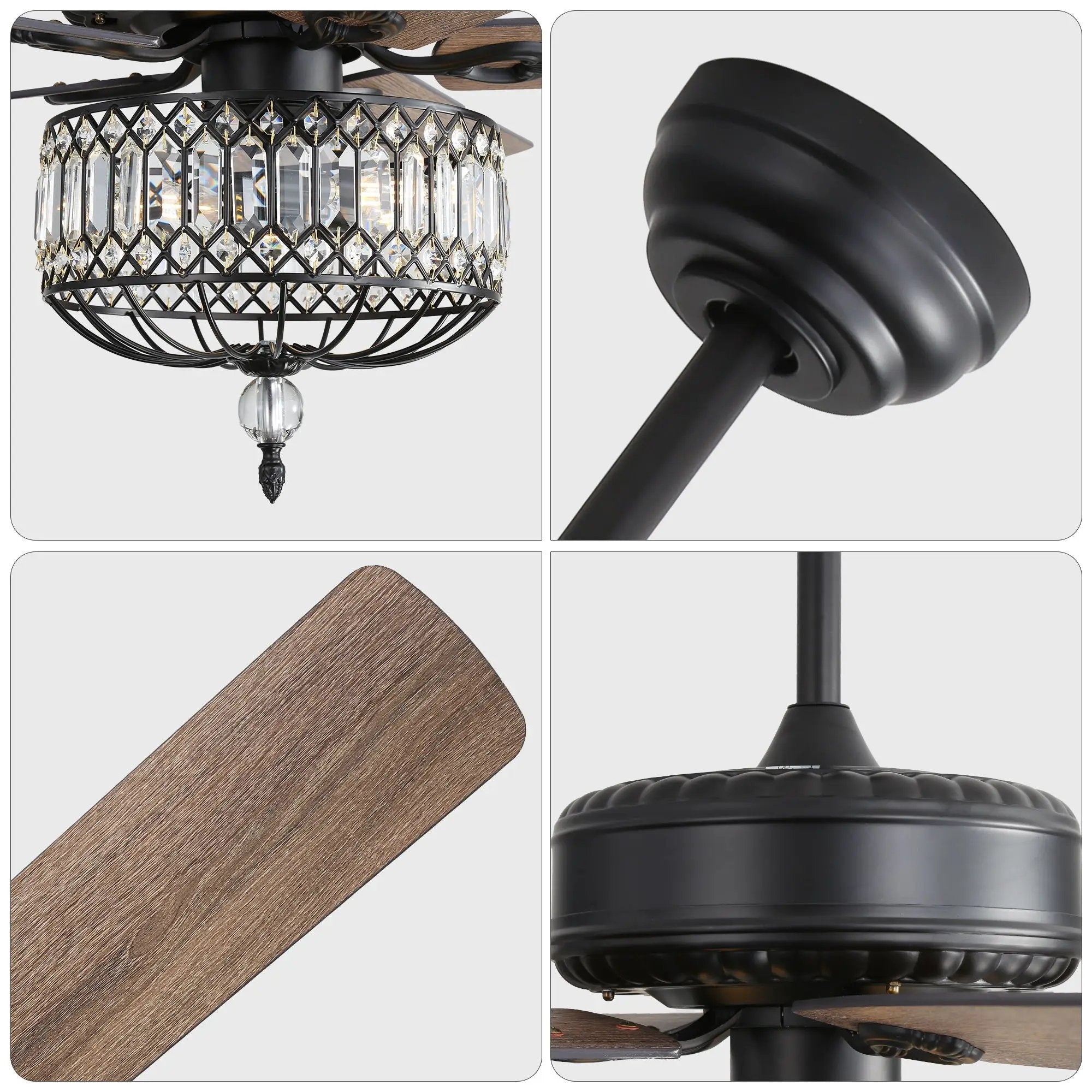Ceiling Fan With Crystal Lampshade, 5 Blades, DC Motor, 6 Speed Remote Control, 1 / 4 / 8 Hour Timer - Black by HouseOfZazla