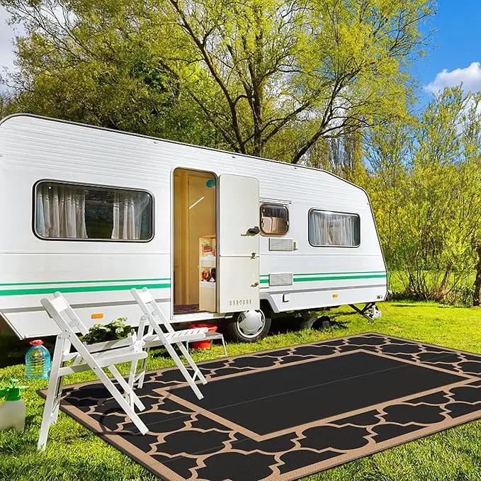 GENIMO 10 ' x 14 ' Outdoor Rug Waterproof for Patio Decor, Foldable Reversible Plastic Straw Area Rugs Mat for Camper, Outside Carpet for Rv, Deck, Porch, Picnic, Beach, Balcony, Black & Brown by GreenHaven Gardens