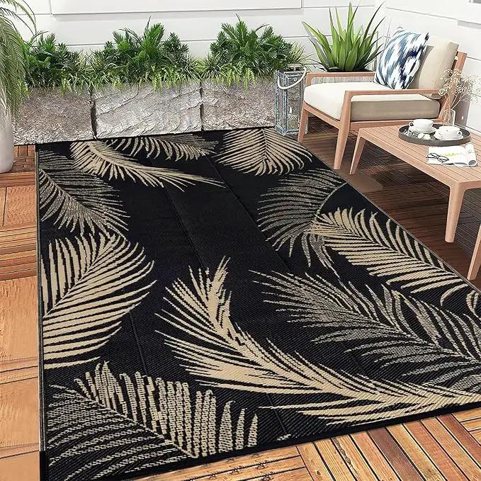 Pauwer Waterproof Outdoor Rug 6x9, Reversible Plastic Straw Patio Camping Rug, Indoor Outdoor RV Mat Carpet for Deck, Camper, Porch, Balcony, Backyard, Picnic, Leaf Black Brown by GreenHaven Gardens