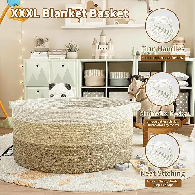 125L Extra Large Blanket Basket, 25" x 16", Jumbo Laundry Woven Basket Decorative Home, Cotton Rope Basket with Handles, Baby Toy Basket for Storage, Gradual Brown, 2PC by GreenHaven Gardens