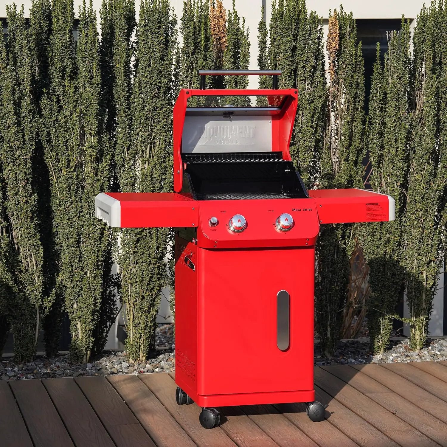 Monument Grills 2-Burner Stainless Steel Liquid Propane Gas Patio Garden Barbecue Grill with Clearview® Lid, Knob Control and Two Foldable Shelves Mesa200R with BBQ Cover, Red by GreenHaven Gardens