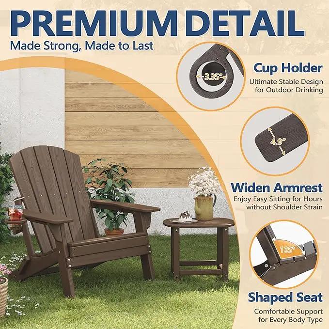 Folding Adirondack Chair Set of 3 with Cup Holder, HDPE All Weather Resistant Plastic Outdoor Patio Chairs, Heavy Duty Fire Pit Seating for Backyard Lawn Garden, Wooden Textured Design(Coffee) by GreenHaven Gardens