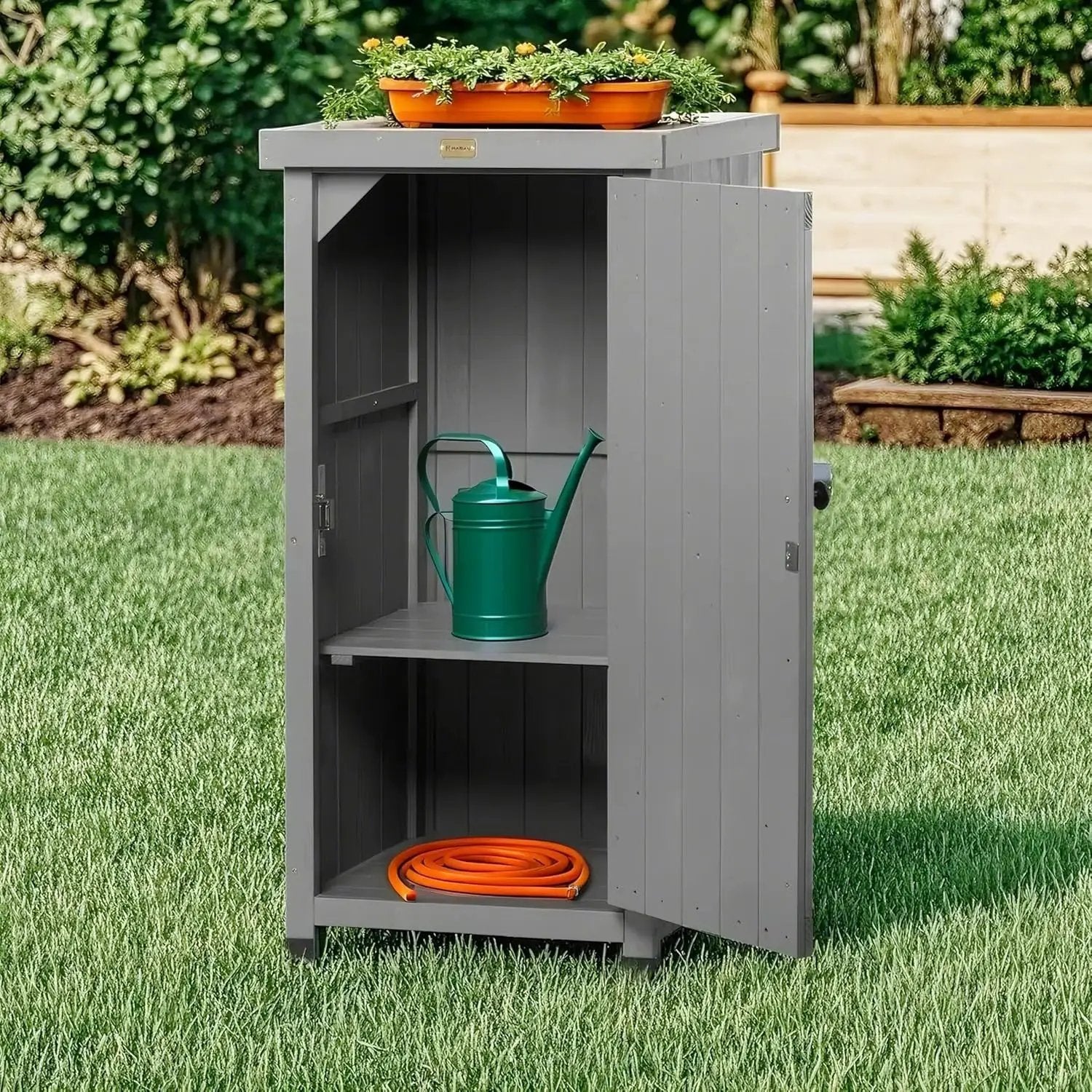 Outdoor Storage Cabinet for Patio, Garden Potting Bench Table with Shelves & Metal-Tabletop, Wooden Planting Work Station, Weatherproof by GreenHaven Gardens