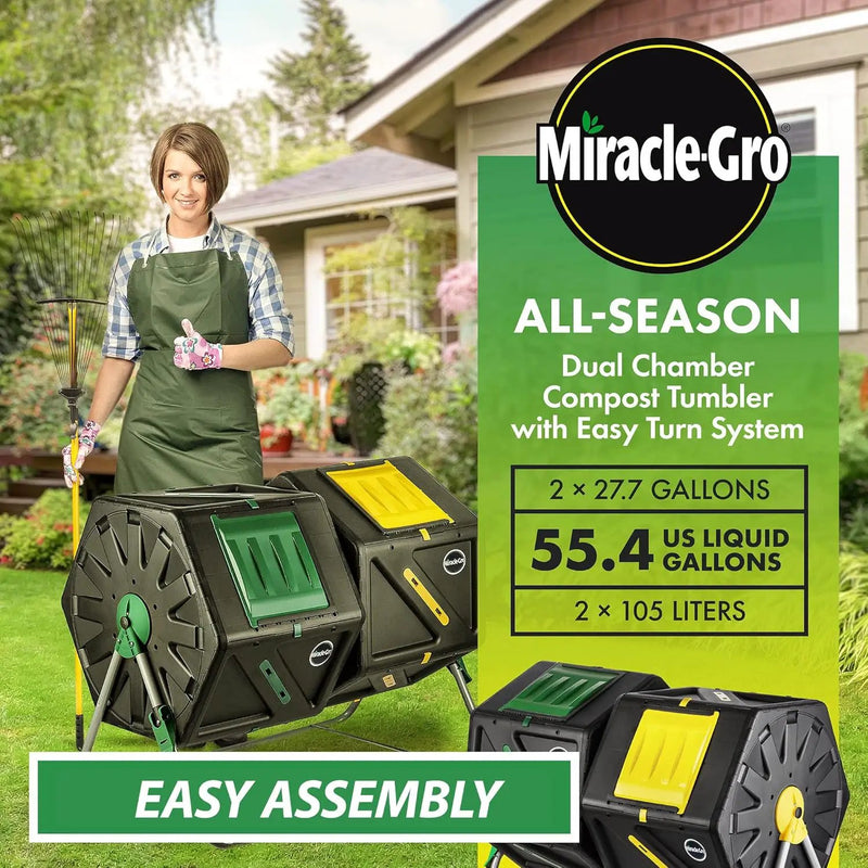 Miracle-Gro Large Dual Chamber Compost Tumbler – Easy-Turn, Fast-Working System – All-Season, Heavy-Duty, High Volume Composter with 2 Sliding Doors - (2 – 27.7gallon /105 Liter) by GreenHaven Gardens