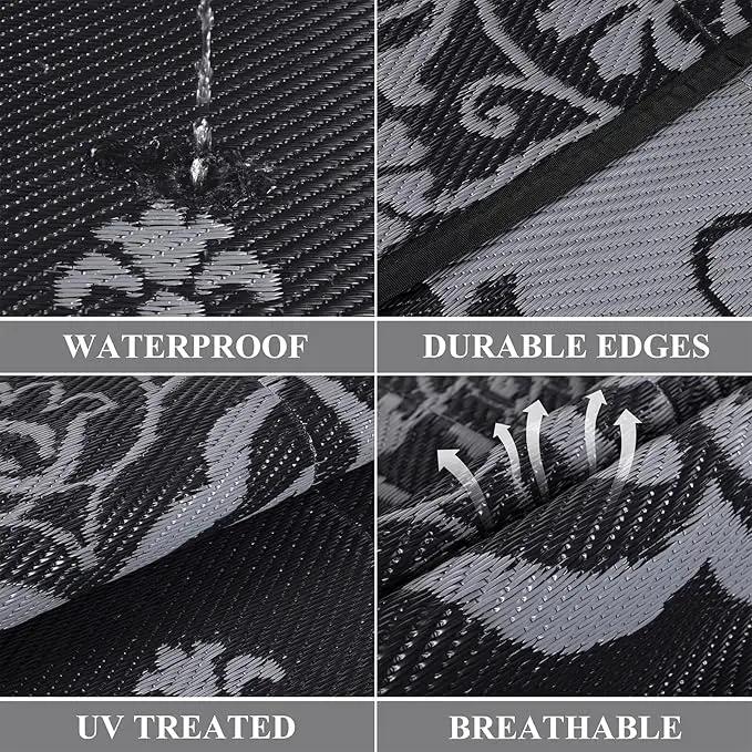 Pauwer Waterproof Outdoor Rug 6x9, Reversible Plastic Straw Patio Camping Rug, Indoor Outdoor RV Mat Carpet for Deck, Camper, Porch, Balcony, Backyard, Picnic, Boho Black Grey by GreenHaven Gardens