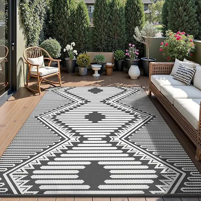 MontVoo Outdoor Rug-Waterproof Camping Rug Patio Rug Mat 6x9 Reversible Plastic Straw Outside Outdoor Rug for RV Camping Picnic Beach Balcony Backyard Pool Deck Porch Modern Boho Grey by GreenHaven Gardens
