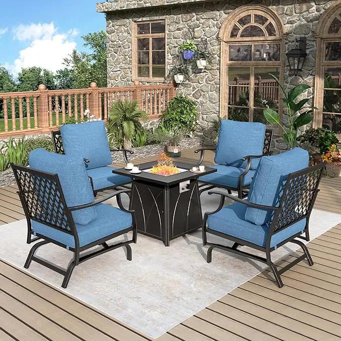 Patio Furniture Set with Fire Pit Table, 5 Pcs Metal Outdoor Conversation Set, 4 Rocking Chairs with 5.75" Extra Thick Cushion and 28" Fire Pit Table for Backyard Deck, Navy Blue by GreenHaven Gardens
