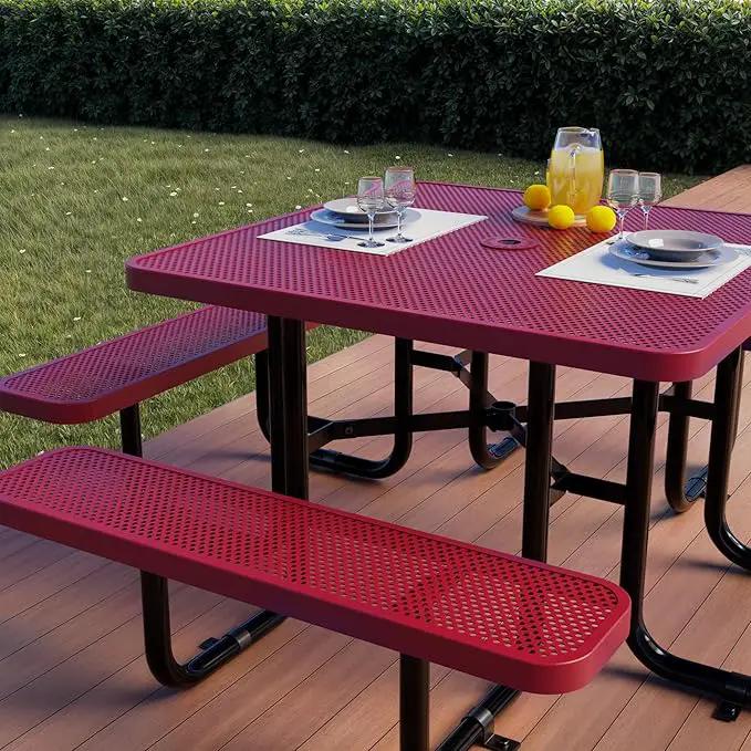 Metal Picnic Tables for Outdoors with Umbrella Hole - Coated Steel Heavy Duty Commercial Grade Table with Adjustable Seats (Red, 46 in, Square, Punched Steel) by GreenHaven Gardens