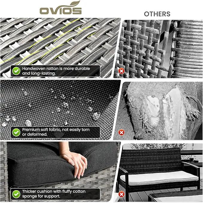 ovios 6 Pieces Patio Furniture Set with 54" Fire Pit Table, Outdoor Wicker Sofa with Comfy Cushions, All Weather High Back Rattan Couch Conversation Set, Black by GreenHaven Gardens