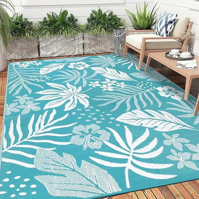 Pauwer Waterproof Outdoor Rug 8x10, Reversible Plastic Straw Patio Camping Rug, Indoor Outdoor RV Mat Carpet for Deck, Camper, Porch, Balcony, Backyard, Picnic, Floral Teal by GreenHaven Gardens