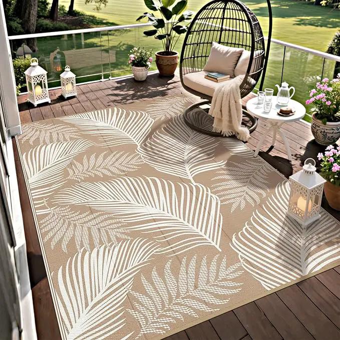 Pauwer Waterproof Outdoor Rug 5x8, Reversible Plastic Straw Patio Camping Rug, Indoor Outdoor RV Mat Carpet for Deck, Camper, Porch, Balcony, Backyard, Picnic, Leaf Brown by GreenHaven Gardens