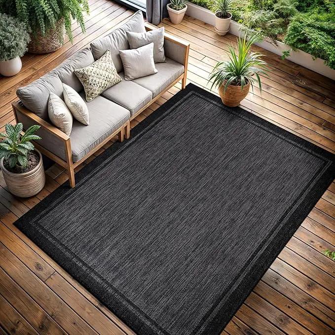 CAMILSON Indoor Outdoor Rug, 9x12 Bordered Dark Grey Black Modern Large Area Rugs for Indoor and Outdoor Patios, Kitchen and Hallway Mats, Washable Porch Deck Outside Carpet (Bordered Black, 9 x 12) by GreenHaven Gardens