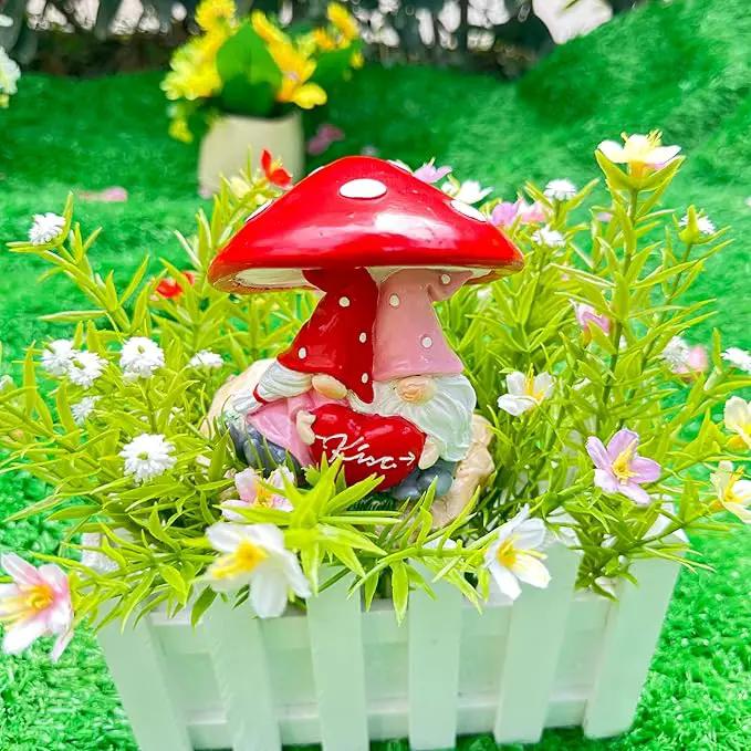Garden Pink Tiny Gnome Couple Statue with Red Heart Mushroom Funny Outdoor Resin Figurines Home Decorations Valentine’s Day Housewarming Ornament Gift by GreenHaven Gardens