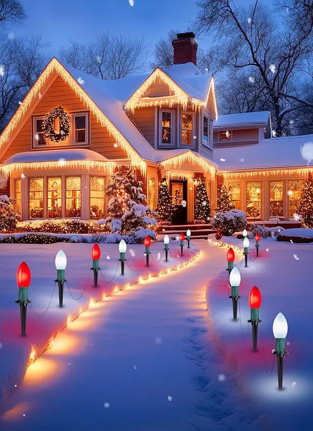 Brightown Frosted C9 LED Christmas Lights Outdoor, 32Ft Christmas Pathway Lights with 25 LED Bulbs and Stakes, Christmas Decorations Outside Driveway Walkway Sidewalk, Red and White by GreenHaven Gardens