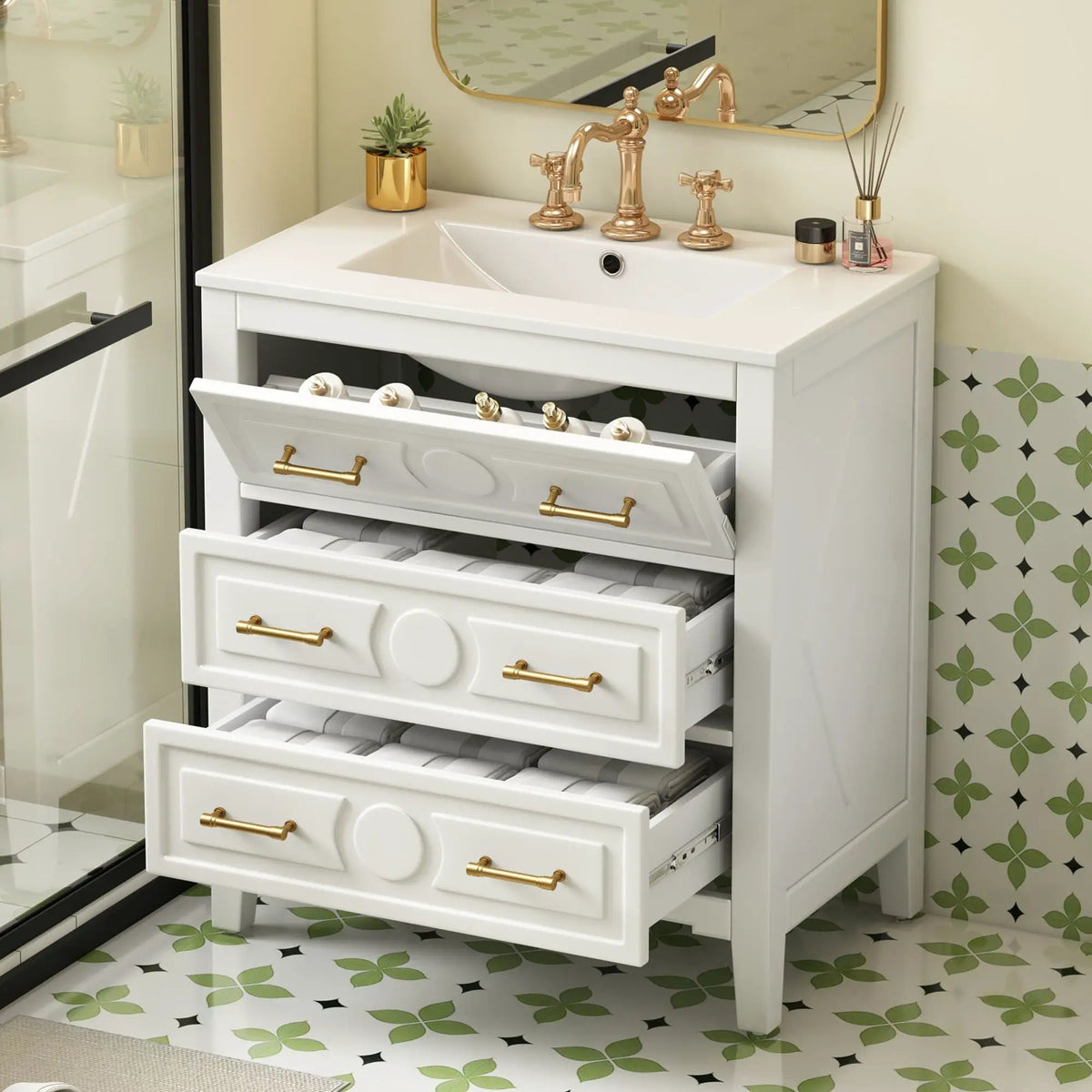 Retro Bathroom Vanity With Sink Combo, Free Standing Single Set With 3 Drawers, photo 13 of 21